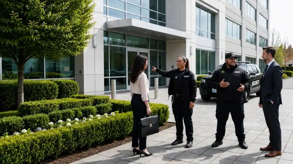 Security guard speaking to corporate client